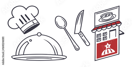 Restaurant Branding:  Chef Hat, Silver Dome, Spoon, Knife, and Bistro Shop Illustration.