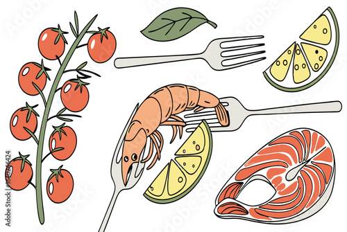 Hand-drawn Seafood and Produce Illustration:  Shrimp, Salmon, Tomatoes, and Lime.