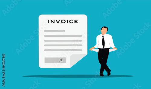 Businessman Facing Large Invoice, Empty Pockets, Financial Difficulty, Flat Design Illustration