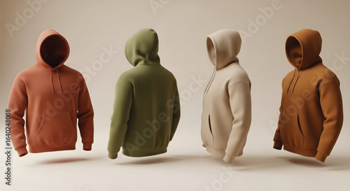Four colorful hoodies in earthy tones levitating from different angles against a neutral background.