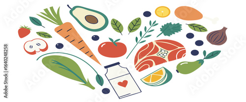 Heart-shaped arrangement of healthy food: fruits, vegetables, protein, and dairy; vibrant flat-lay style; cheerful and nutritious mood.