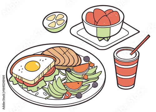Healthy Breakfast Meal: Cartoon Style Illustration of Salmon, Egg Sandwich, Salad, Fruit, and Drink.