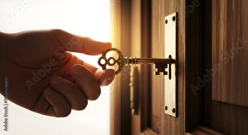 Hand inserting a vintage golden key into a door lock, a concept for new homes, real estate, and unlocking opportunities.