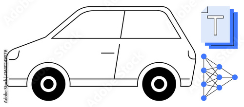 Car outline next to data sheets and neural network graph, symbolizing AI-powered vehicles. Ideal for artificial intelligence, autonomous driving, machine learning, transportation technology