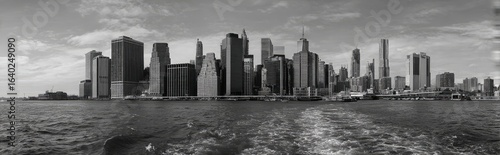 Panoramic view of New York City skyline in black and white