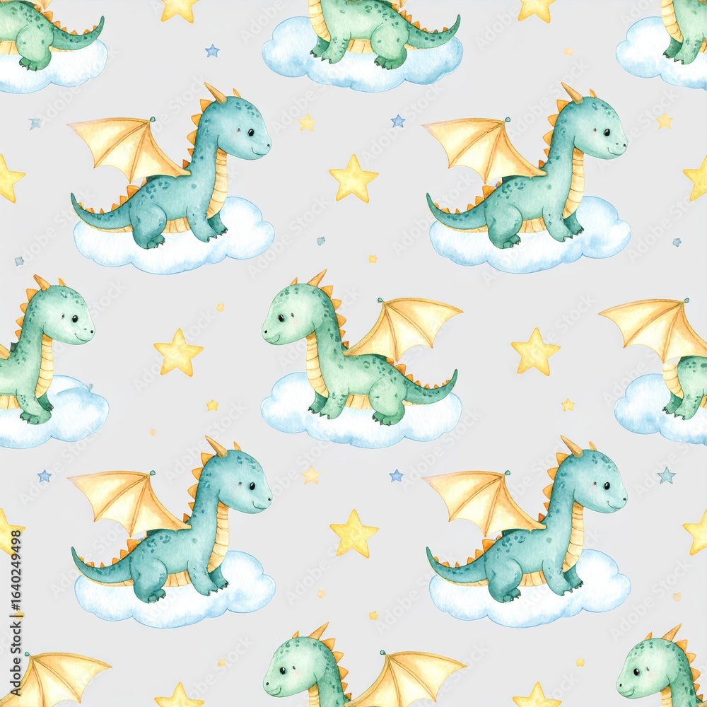 Obraz premium Cartoon cute kids sleeping Dragon seamless pattern, childish background