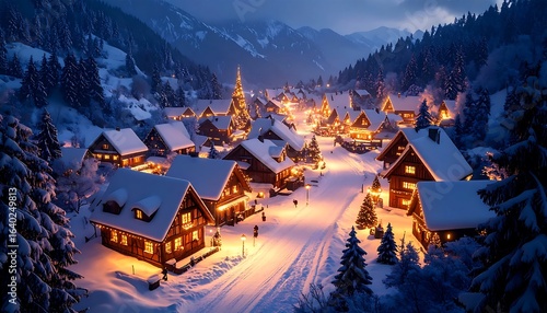 Snowy village nighttime scene