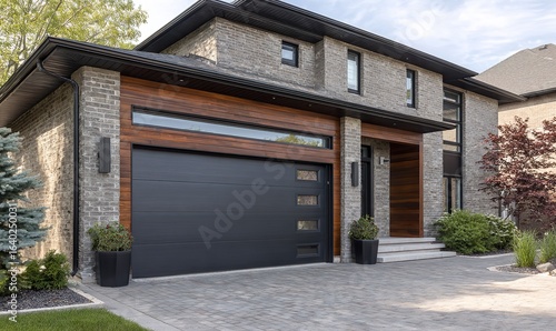 Modern Grey Garage Door with Horizontal Slats and Wood Accents, Elegant Concrete Floor Outside Contemporary Home