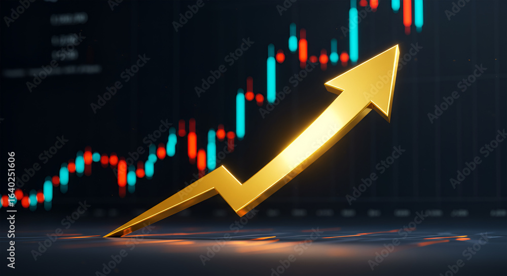 Fototapeta premium Golden Lightning Bolt Upward Arrow with Candlestick Chart Symbolizing Rapid Financial Growth and Market Surge on Dark Background.