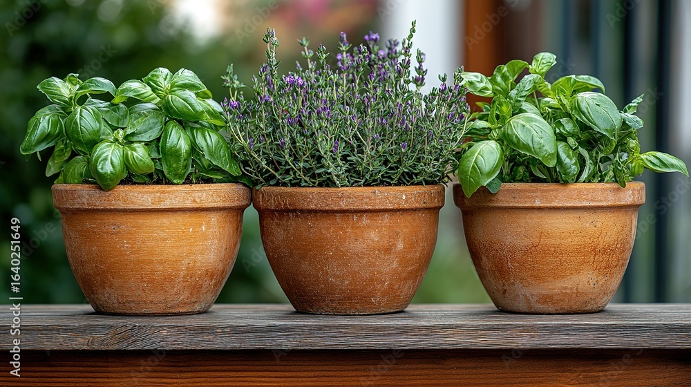 Three potted herbs basil thyme and another herb on a wooden surface. Three potted herbs basil thyme and another herb on a wooden surface.