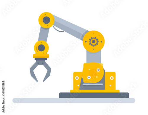 Industrial robotic arm with claw gripper for automated manufacturing. Vector illustration of factory automation technology.