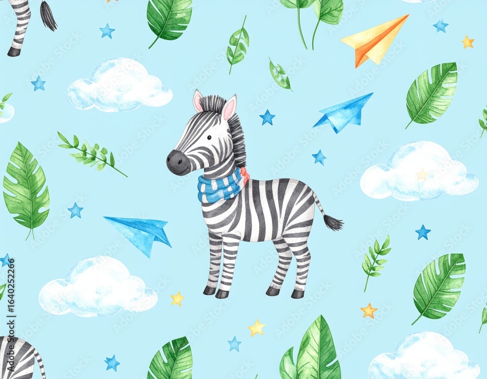 Obraz premium Watercolor airplane kid seamless pattern. Watercolor toy background baby cartoon cute pilot hippopotamus, zebra with hippo, lion aviation sky transport airplanes, clouds