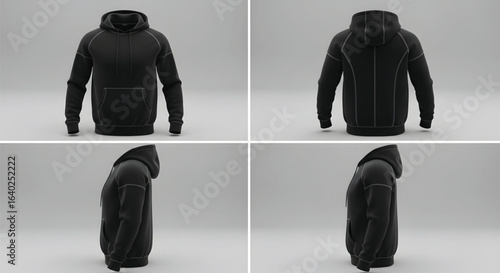 A blank black hoodie template shown from four different angles: front, back, left, and right side views.