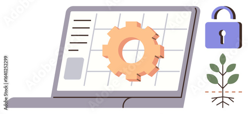 Laptop showcasing a gear on-screen, symbolizing process management or system function. Side icons represent security with a lock and growth with a plant. Ideal for technology, security, eco-tech
