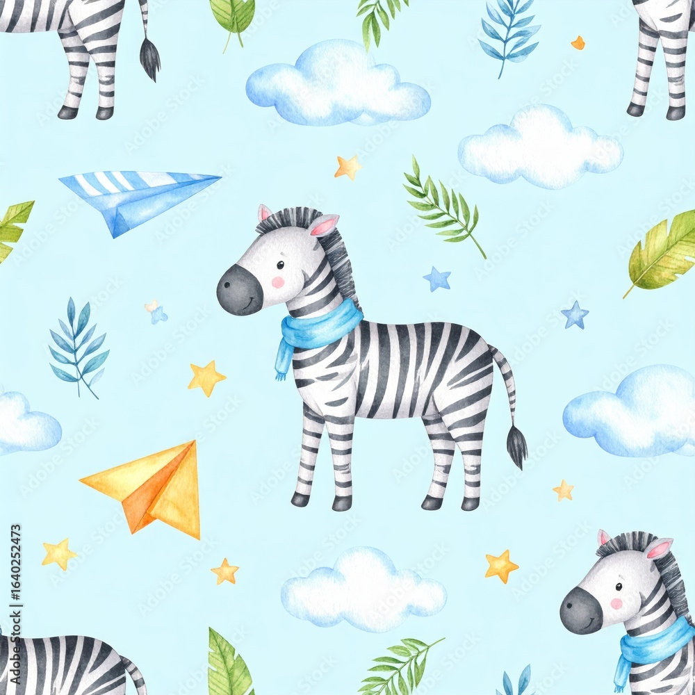 Fototapeta Watercolor airplane kid seamless pattern. Watercolor toy background baby cartoon cute pilot hippopotamus, zebra with hippo, lion aviation sky transport airplanes, clouds