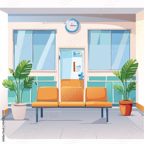 Hospital reception hall clinic interior, cartoon modern empty medical hallway with bench