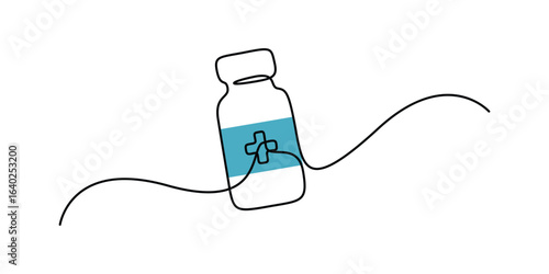 Medicine bottle one continuous line art drawing, Single line drawing of medicine bottle. Continuous hand drawn sketch minimalist design. Vector illustration