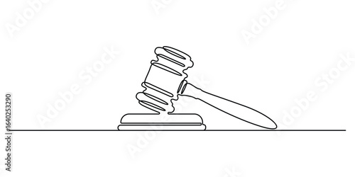 Judge hammer one continuous line art drawing, Single line drawing of judge hammer law symbol. Continuous hand drawn sketch minimalist design. Vector illustration