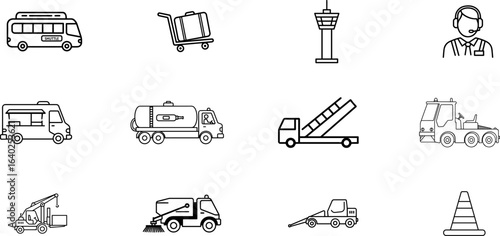 A collection of symbols representing specialized vehicles, staff, and equipment for airport operations, aviation services, and ground handling.