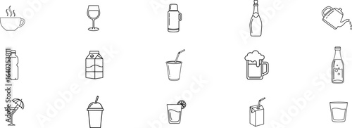 Beverages and Drinks Vector Icon Set: A comprehensive collection of symbols representing various drinks, including hot beverages, cocktails, wine, beer, and cold juices for menus, websites, and apps