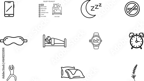 Sleep, Rest, and Healthy Routine Vector Icon Set: A collection of symbols representing a good night's sleep, relaxation, wellness, bedtime routines, and sleep hygiene for a healthy lifestyle.