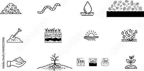 
Soil Health and Plant Growth Vector Icon Set: A collection of symbols representing the agricultural cycle, including compost, earthworms, soil layers, watering, cultivation, and plant development