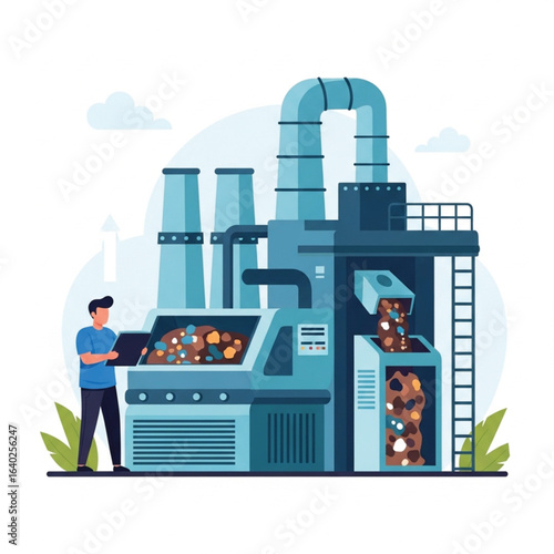 A factory worker with a tablet operates an industrial machine for waste management and recycling.