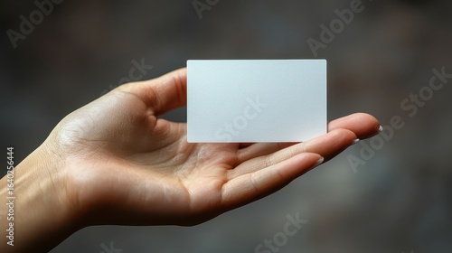 A human hand, adorned with manicured nails, extends a pristine white blank business card against a stark white backdrop, creating a minimalist mockup design for a professional and versatile 