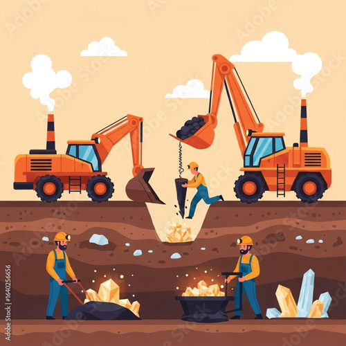 Miners work underground collecting crystals while excavators dig at a surface mine.
