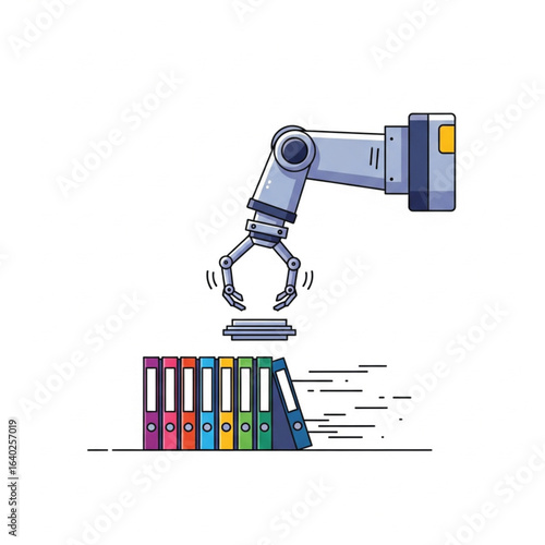 A robotic arm automatically sorts and organizes documents into a row of colorful office binders.