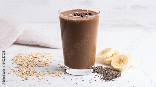 Creamy banana chocolate smoothie topped with oats and chia seeds.