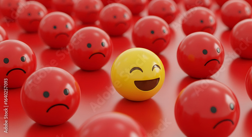 Yellow smile emoji in red sadness emojis . leadership and team work concept with emoticons