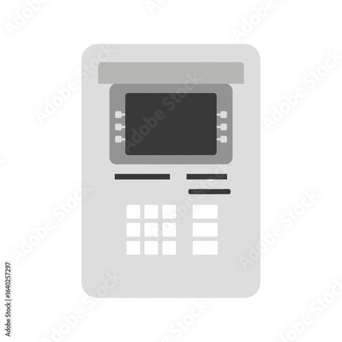 A flat design illustration of a gray automated teller machine with a screen, numeric keypad, and slots.