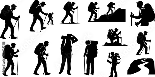 Silhouette Collection: Hikers with Backpacks, Black and White, Outdoor Adventure, Travel