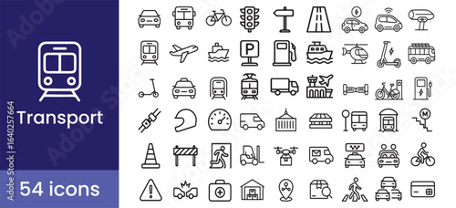 Transport and public travel line icon set with car, vehicle, traffic, and logistics symbols

