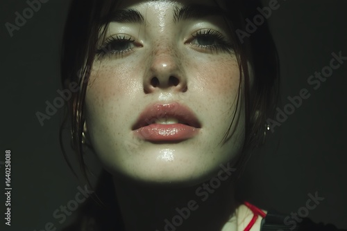 Dramatic portrait of a woman with freckles with lit by sunlight, and artistic studio.