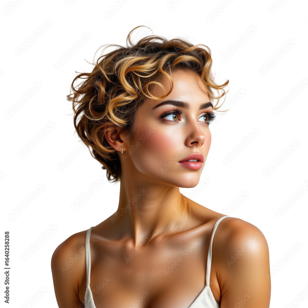 Young Woman with Curly Hair Posing Elegantly in Soft Natural Light Young Woman with Curly Hair Posing Elegantly in Soft Natural Light