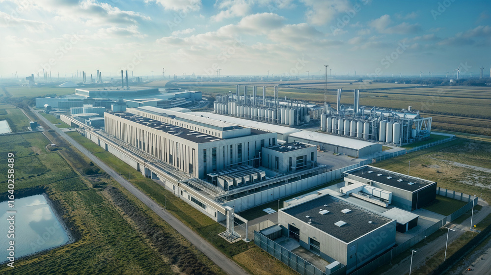 Fototapeta premium Modern data center facility with wind turbines visible in background, showcasing sustainable technology infrastructure and renewable energy integration in computing