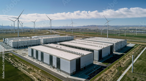 Modern renewable energy storage facility with massive battery systems surrounded by wind turbines under dramatic cloudy sky in sustainable power generation landscape