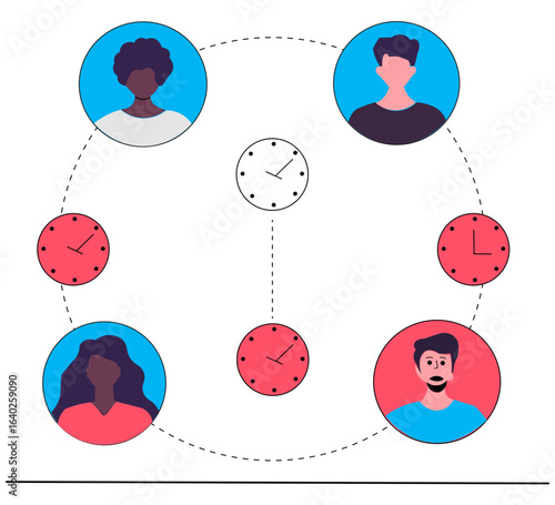 Flat Vector Illustration Of World Map Showing Team Members From Different Continents With Floating Clocks Near Avatars Working At Different Times