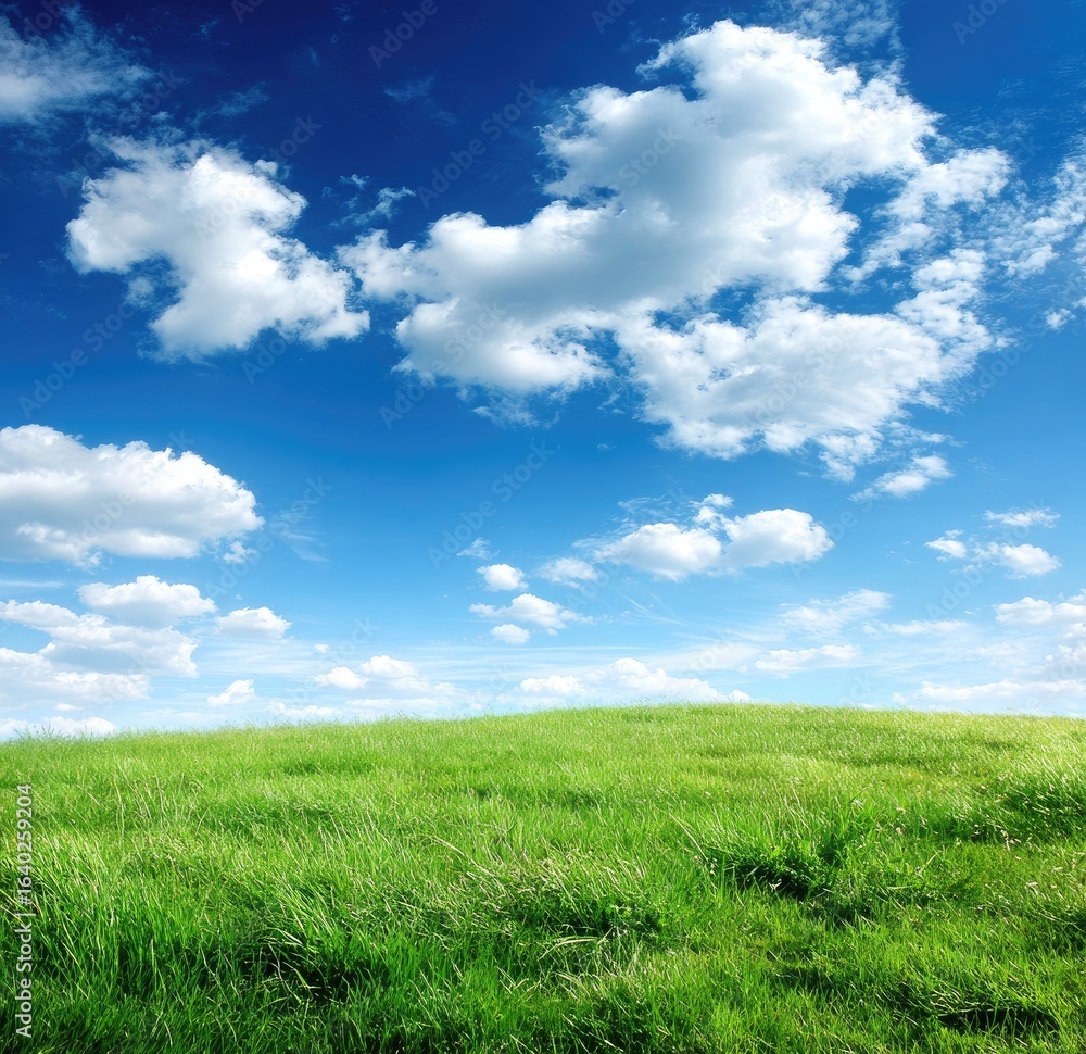 Fototapeta premium Lush green field under a vibrant blue sky dotted with puffy white clouds