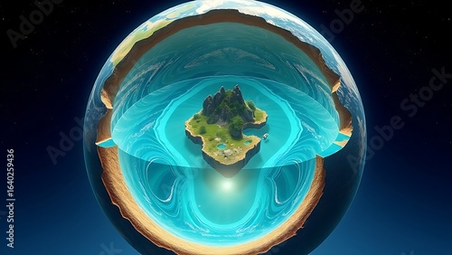 A cutaway Earth core reveals an azure ocean with floating islands, defying natural laws.