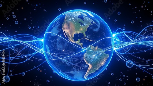 Earth's magnetic field visualized as glowing blue threads weaving through oxygen molecules.