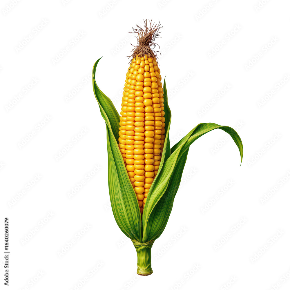 Freshly Harvested Corn Cob with Bright Yellow Kernels and Green Leaves Freshly Harvested Corn Cob with Bright Yellow Kernels and Green Leaves