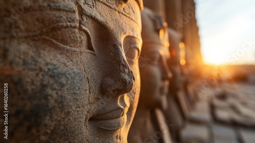 Ancient Egyptian Statues at Sunset: A Close-Up View of History