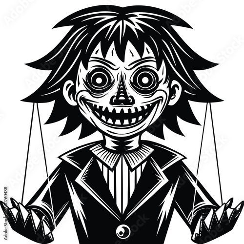A creepy eerie puppet character in vector SVG style, black silhouette on white background