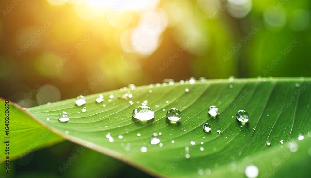 Obraz premium Water droplets on banana leaves—high tropical texture.