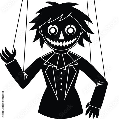 A creepy eerie puppet character in vector SVG style, black silhouette on white background
