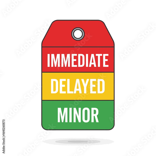 A tag with three color-coded sections: red (immediate), yellow (delayed), and green (minor).