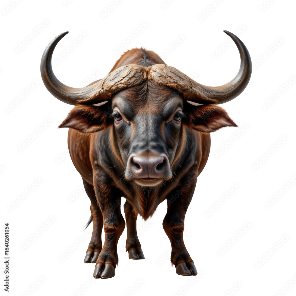 Naklejka premium Majestic Brown Bull Staring Directly at the Viewer in a Neutral Setting